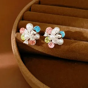 Colorful Flower Cluster Stud Earrings With Artificial Pearl Zirconia Inlaid Silver Post Elegant Luxury Jewelry For Women