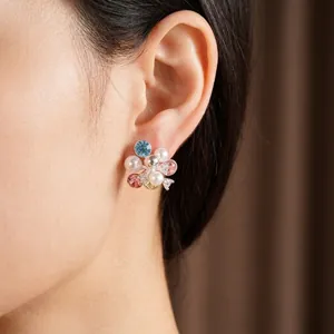 Elegant floral cluster earrings with colorful zircon and pearls on silver needle