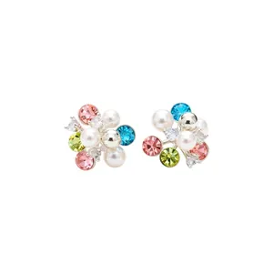 Elegant colorful flower cluster pearl stud earrings with cubic zirconia and silver needles