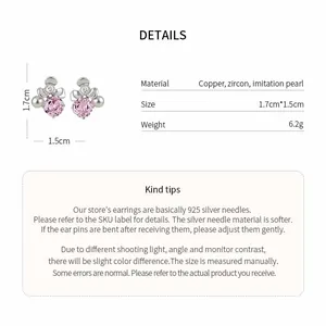 Detailed view of pink zircon flower earrings with pearl accents and 925 silver needles