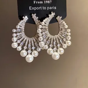 Elegant French vintage style zircon and pearl drop earrings with silver needle posts