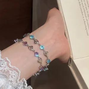 Fashionable Copper Heart Zirconia Bracelet For Women Korean Ins Style Sweet Heart Link Chain Summer Dopamine Jewelry Gift