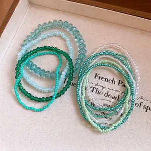 10pcs Bohemian beaded bracelet set in shades of green and blue crystal beads