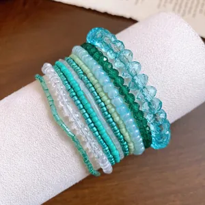 10pcs bohemian crystal acrylic beaded bracelet set in ocean blue and green shades