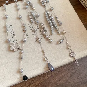 Vintage Light Luxury Rhinestone Artificial Pearl Beaded Flower Pendant Necklace For Women Gray Silver Elegant Fashion Neck Jewelry