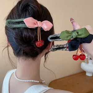 Exquisite Sweet Fabric Satin Bowknot Resin Cherry Duckbill Hair Clip Niche Design Versatile Temperament Hairpins For Women Girls