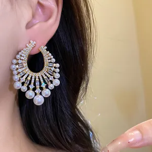 Elegant French style drop earrings with pearls and shimmering zirconia crystal stones