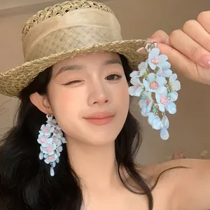 Bohemian Fabric Flower Tassel Dangle Earrings For Women Elegant Handmade Long Floral Drop Earrings Summer Vacation Jewelry
