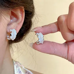 Elegant silver needle zircon oil drip pleated C-shaped stud earrings for women jewelry.