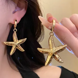 Vintage Starfish Pendant Earrings For Women Alloy Gold Color Design Style Earrings With Silver Earring Post Jewelry Gift