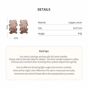 Detail showing pink pleated C-shape stud earrings with zircon and material specifications