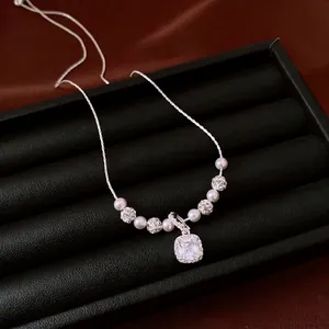 Vintage square zircon pendant pearl necklace for elegant and feminine style