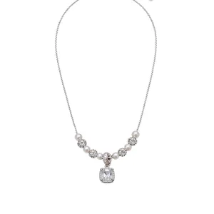 Elegant vintage silver pearl necklace with a sparkling square zircon pendant for women
