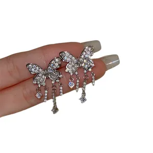 Sparkling silver butterfly tassel ear cuffs with zircon crystals for women fashion