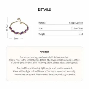 Detailed specifications for purple zircon geometric bracelet including size and weight.