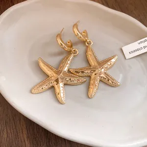 Detailed view of textured gold starfish pendant earrings on a minimalist white tray