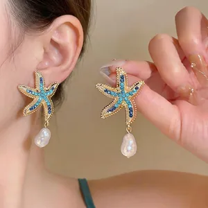 Summer Vacation Style Starfish Stud Earrings With Silver Earring Post Alloy Gradient Blue Rhinestone Artificial Pearl Drop Earrings Jewelry For Women