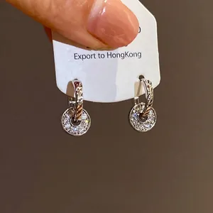 Exquisite silver hoop earrings with full crystal pave pendant in elegant Korean style