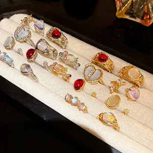 Luxury Alloy Resin Rhinestone Open Rings Set Fashion Simple Heart Geometric Adjustable Finger Rings For Women Jewelry Gift