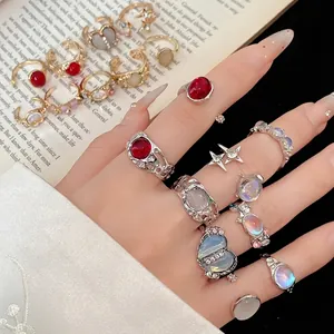 9-piece set of minimalist resin and rhinestone open rings for women fashion jewelry