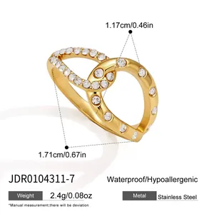 Detailed technical view of gold-plated stainless steel ring with rhinestone specs