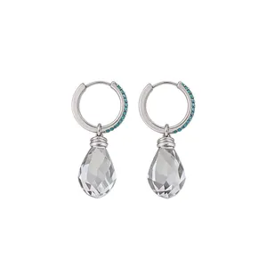 Elegant silver hoop earrings with clear waterdrop zircon crystals and turquoise stones