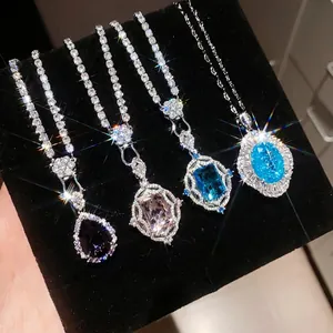 Vintage Copper Zirconia Water Drop Flower Pendant Necklace For Women Luxury Heavy Work Tennis Chain Clavicle Chain Jewelry