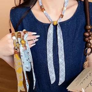 Vintage Chiffon Scarf Necklace With Wood Beads Floral Plaid Printed Handmade Bohemia Neck Accessory For Women Daily Vacation Jewelry