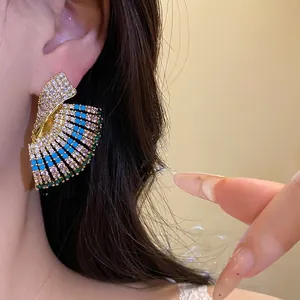 Luxury vintage irregular geometric fan earrings with colorful crystal and gold accents