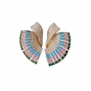 Vintage court style fan-shaped earrings with multi-color gemstones and sparkling crystals