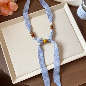 Chiffon printed plaid scarf necklace with decorative wooden beads and ceramic accents
