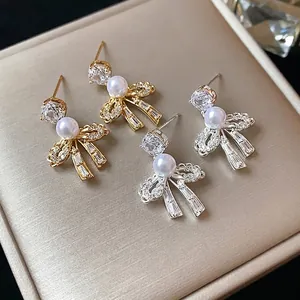 Luxury Copper Zirconia Artificial Pearl Bow Stud Earrings With 925 Sterling Silver Earring Post 18K Gold Plated Fashion Jewelry