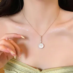 Elegant 18k real gold plated zircon and pearl round cross pendant necklace for women