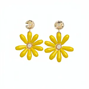 Vibrant yellow glass flower drop earrings with silver needles for summer holiday style