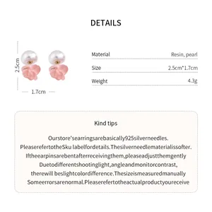 Detailed view of pink resin flower earrings with pearls and 925 silver needle dimensions