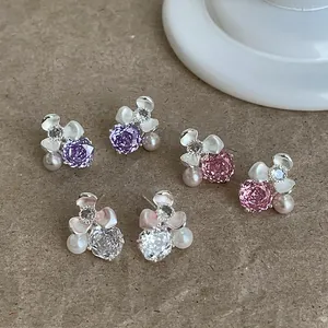 Fashion Enamel Flower Zirconia Artificial Pearl Stud Earrings For Women Forest Style Fresh Copper Earrings Jewelry Gift