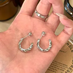 Macro detail of twisted silver earrings with sparkling zircon stones in a hand