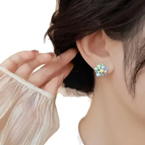 Fresh dopamine-style colorful beaded stud earrings with rhinestones and silver needles