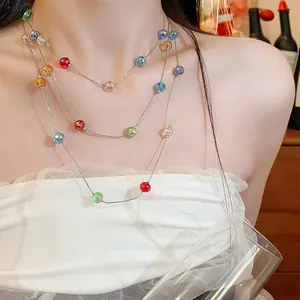 Close-up of elegant multi-layered necklace with vibrant colorful glass beads on a model