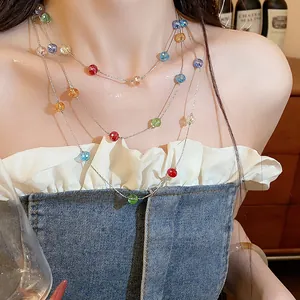 Close-up of a multi-layered necklace with vibrant colorful glass beads on a model
