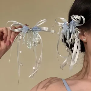Sweet Light Blue Ribbon Bow Hair Clip Handmade Organza Satin Flower Tassel Hairpin Niche Elegant Rhinestone Hair Accessory