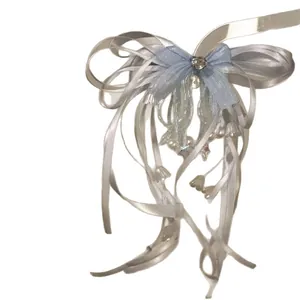 Elegant light blue and silver ribbon bow hair clip with bead charms and heart pendant
