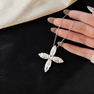 Elegant silver cross star pendant necklace with sparkling zircon accents for women