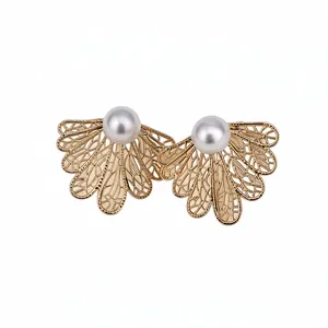 Elegant vintage gold-toned hollow leaf stud earrings with round white pearl accents