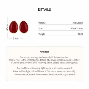 Macro view of teardrop resin stud earrings with detailed product dimensions and material.