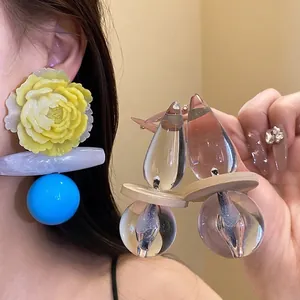 Vintage Oversized Resin Flower Round Pendant Dangle Earrings With Silver Earring Post Luxurious Fashion Jewelry For Women