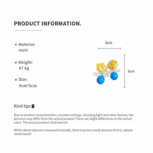 Product specification details for resin flower and blue bead drop earrings