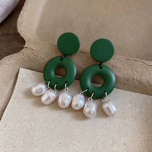 Modern dark green geometric hoop drop earrings with elegant baroque white dangling pearls
