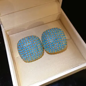Vintage luxury square earrings with gold mesh and turquoise pavé stones in beige gift box