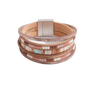 Bohemian multi-layer leather bracelet with colorful beads and secure magnetic clasp